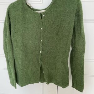 Sezane Olive Green Button-Front Crewneck Cardigan